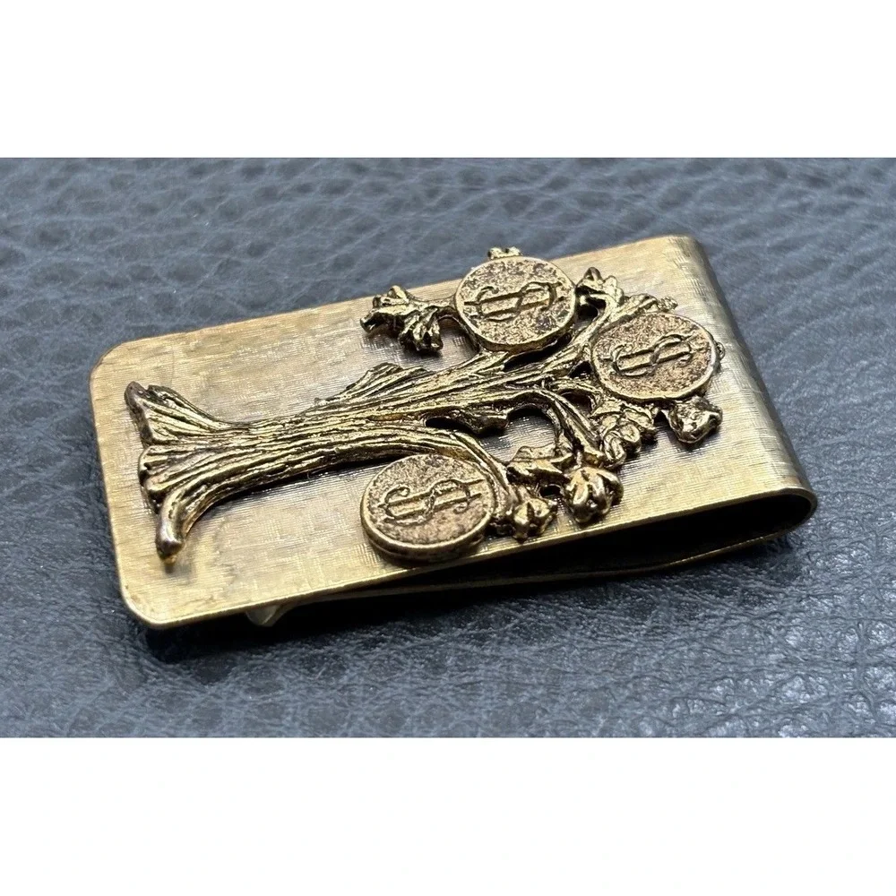 Vintage Money Tree Money Clip Dollar Sign Coins Design Gold Tone